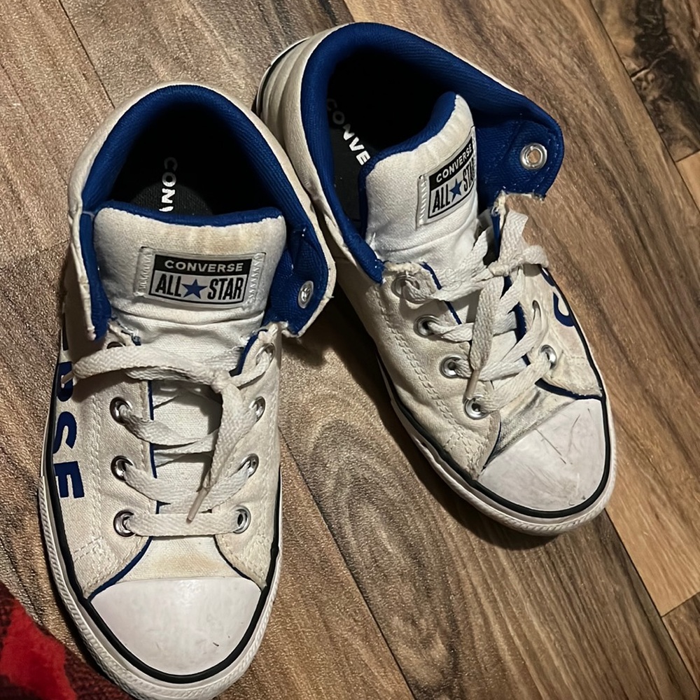 White & Royal Blue Converse High Tops that need some TLC